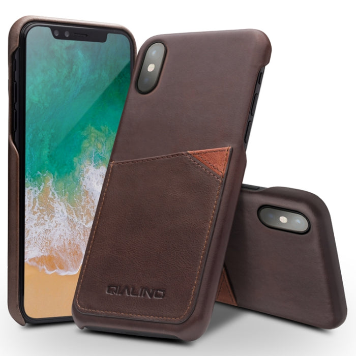 Para iPhone X / XS QIALINO Funda protectora de cuero de vaca a prueba de golpes con ranura para tarjeta