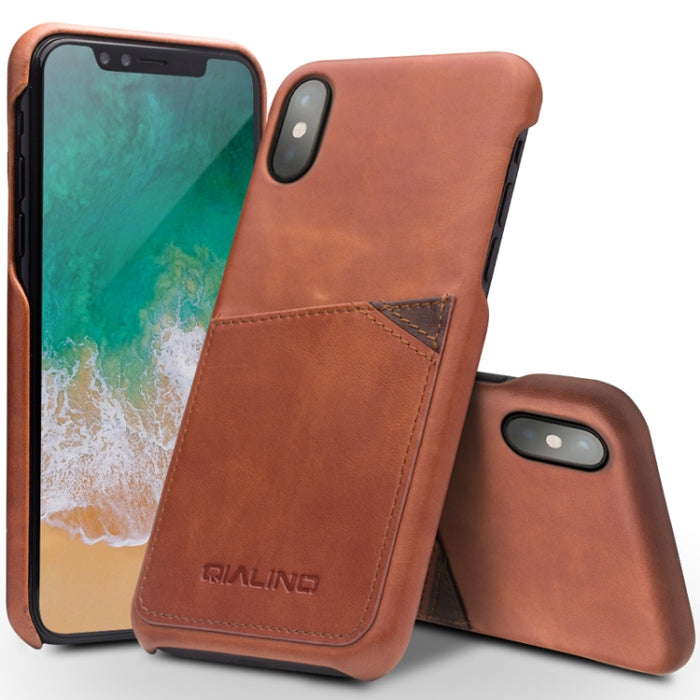 Para iPhone X / XS QIALINO Funda protectora de cuero de vaca a prueba de golpes con ranura para tarjeta