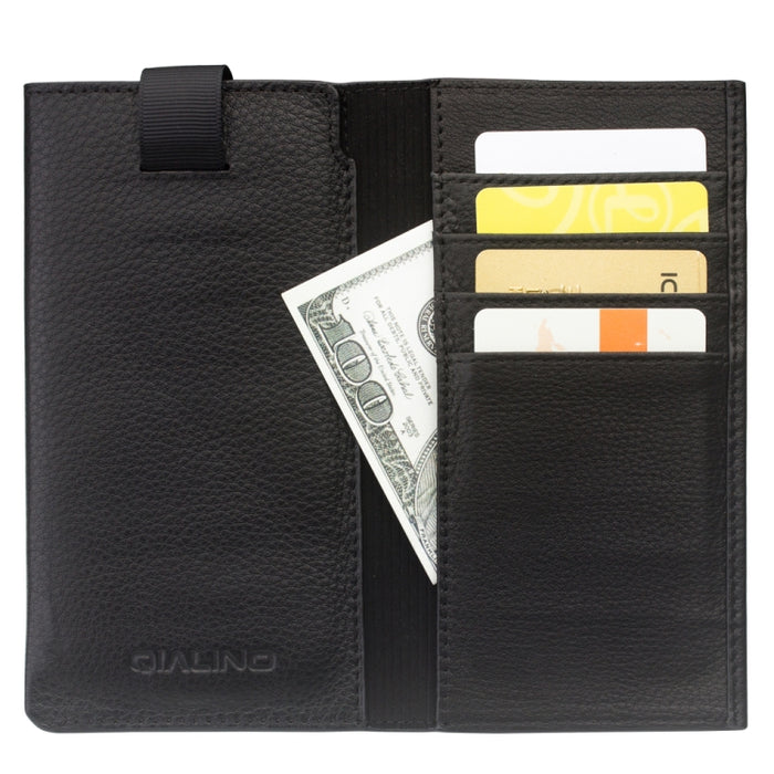QIALINO Estuche tipo billetera con tapa horizontal de cuero de grano superior con textura de napa y ranuras para tarjetas