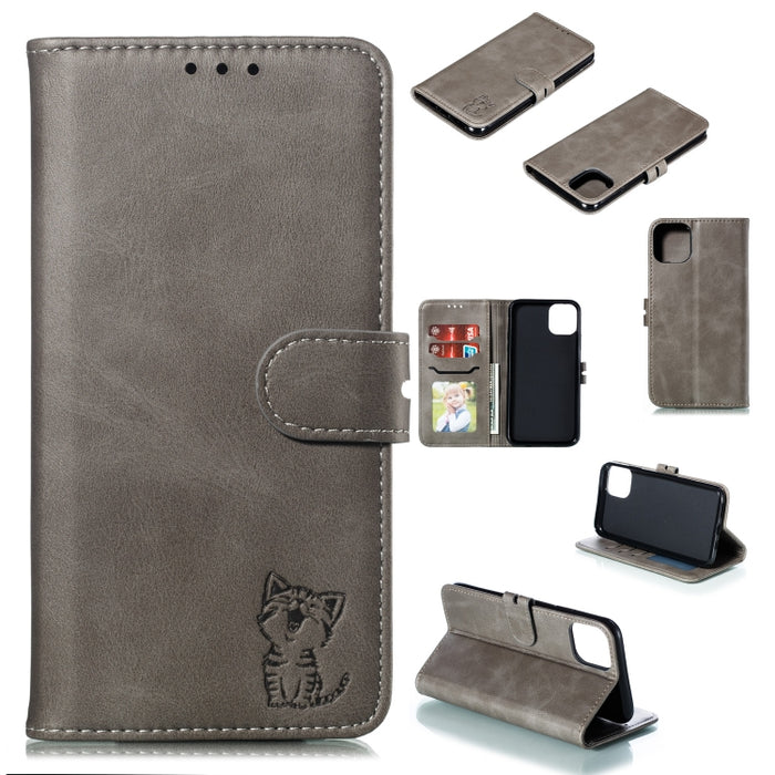 Estuche de cuero con tapa horizontal con patrón de gato feliz en relieve con soporte y ranuras para tarjetas y billetera y marco de fotos
