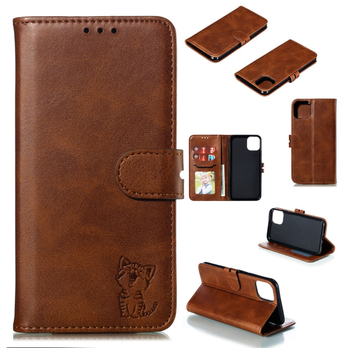 Estuche de cuero con tapa horizontal con patrón de gato feliz en relieve con soporte y ranuras para tarjetas y billetera y marco de fotos