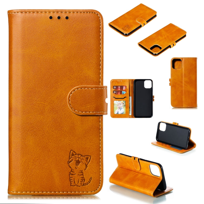 Estuche de cuero con tapa horizontal con patrón de gato feliz en relieve con soporte y ranuras para tarjetas y billetera y marco de fotos