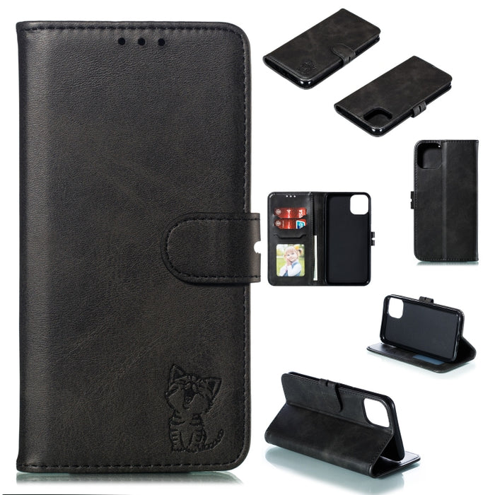 Estuche de cuero con tapa horizontal con patrón de gato feliz en relieve con soporte y ranuras para tarjetas y billetera y marco de fotos