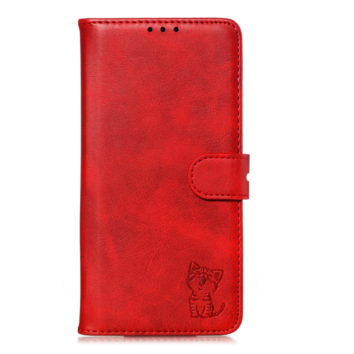 Estuche de cuero con tapa horizontal con patrón de gato feliz en relieve con soporte y ranuras para tarjetas y billetera y marco de fotos
