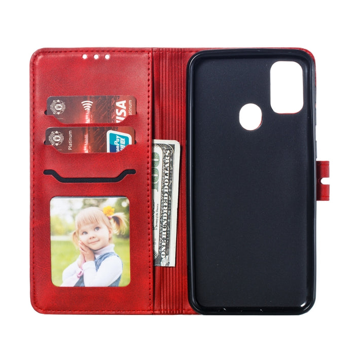 Estuche de cuero con tapa horizontal con patrón de gato feliz en relieve con soporte y ranuras para tarjetas y billetera y marco de fotos