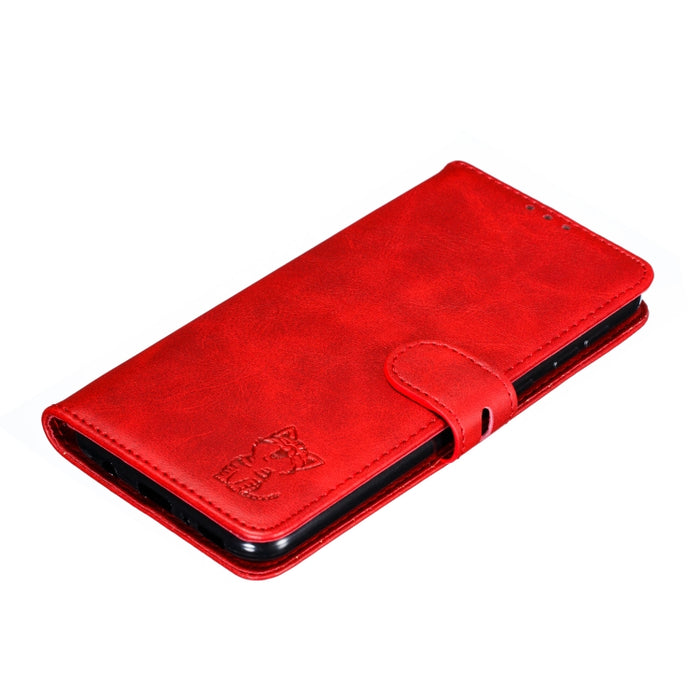 Estuche de cuero con tapa horizontal con patrón de gato feliz en relieve con soporte y ranuras para tarjetas y billetera y marco de fotos
