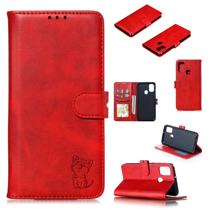 Estuche de cuero con tapa horizontal con patrón de gato feliz en relieve con soporte y ranuras para tarjetas y billetera y marco de fotos