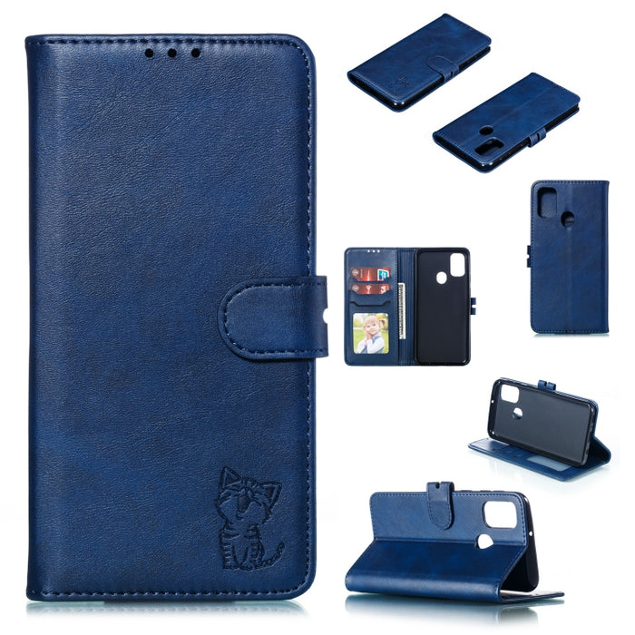 Estuche de cuero con tapa horizontal con patrón de gato feliz en relieve con soporte y ranuras para tarjetas y billetera y marco de fotos