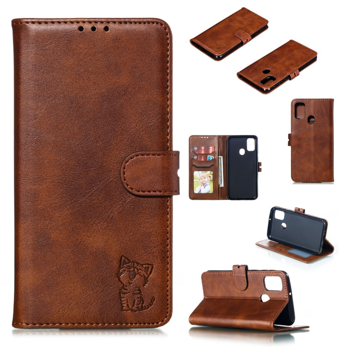 Estuche de cuero con tapa horizontal con patrón de gato feliz en relieve con soporte y ranuras para tarjetas y billetera y marco de fotos