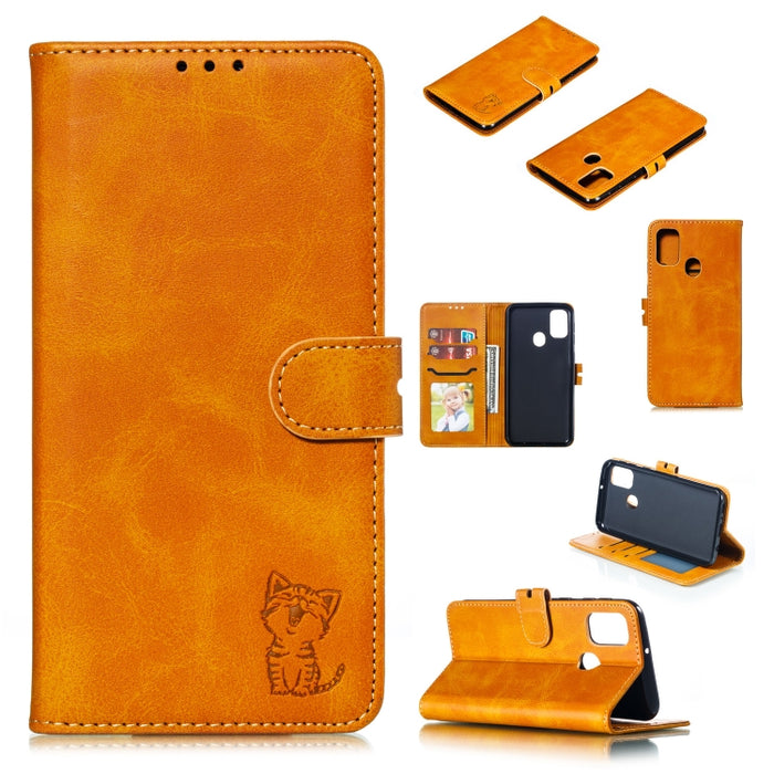 Estuche de cuero con tapa horizontal con patrón de gato feliz en relieve con soporte y ranuras para tarjetas y billetera y marco de fotos