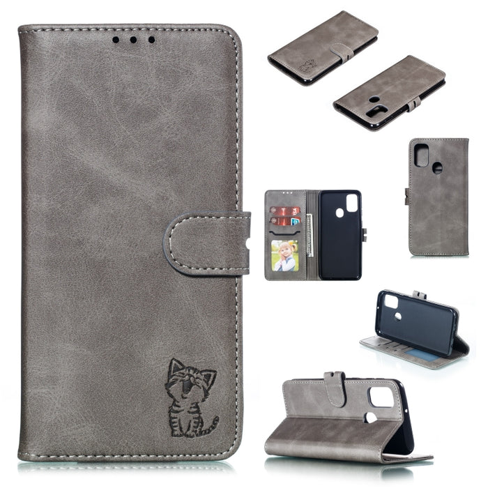 Estuche de cuero con tapa horizontal con patrón de gato feliz en relieve con soporte y ranuras para tarjetas y billetera y marco de fotos