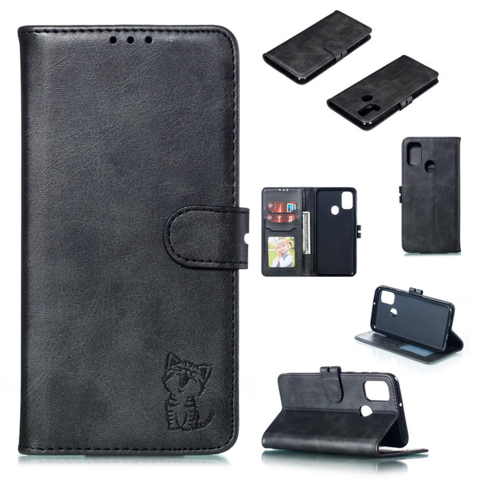Estuche de cuero con tapa horizontal con patrón de gato feliz en relieve con soporte y ranuras para tarjetas y billetera y marco de fotos