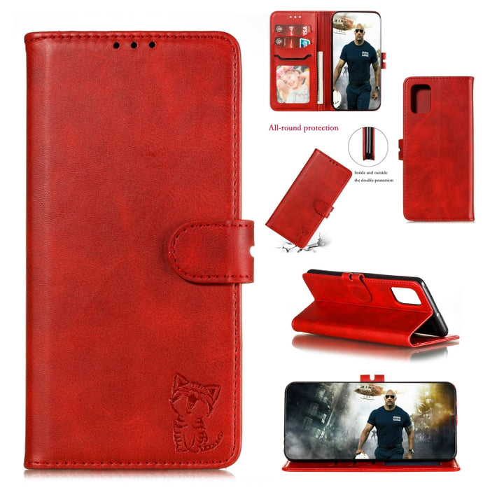 Estuche de cuero con tapa horizontal con patrón de gato feliz en relieve con soporte y ranuras para tarjetas y billetera y marco de fotos