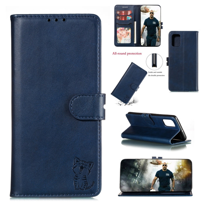 Estuche de cuero con tapa horizontal con patrón de gato feliz en relieve con soporte y ranuras para tarjetas y billetera y marco de fotos