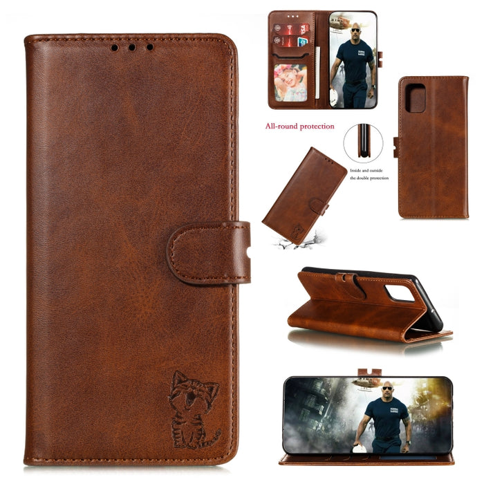 Estuche de cuero con tapa horizontal con patrón de gato feliz en relieve con soporte y ranuras para tarjetas y billetera y marco de fotos