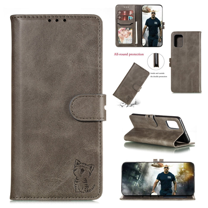 Estuche de cuero con tapa horizontal con patrón de gato feliz en relieve con soporte y ranuras para tarjetas y billetera y marco de fotos