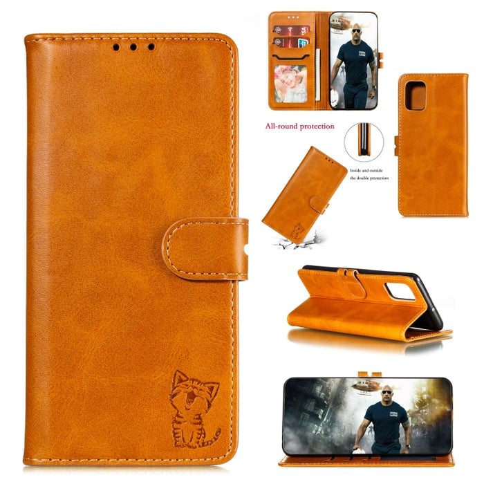 Estuche de cuero con tapa horizontal con patrón de gato feliz en relieve con soporte y ranuras para tarjetas y billetera y marco de fotos