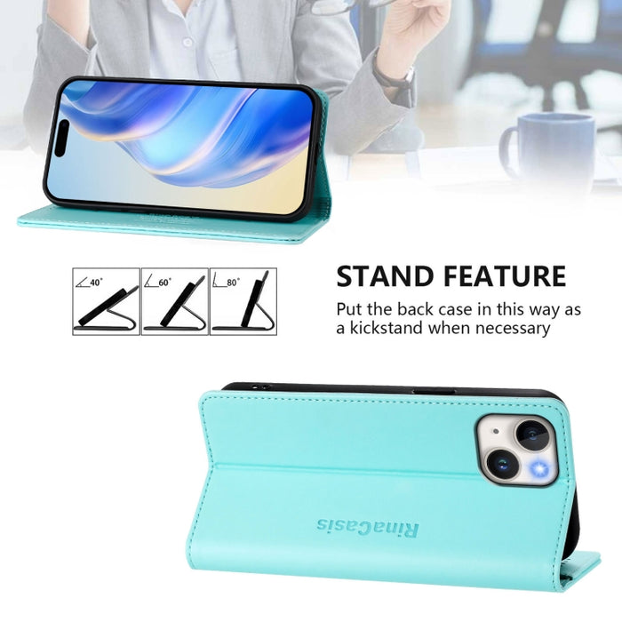 Estuche para teléfono de cuero con doble pliegue y succión magnética y RFID RC01, For iPhone 15, For iPhone 14 Plus, For iPhone 14 / 13, For iPhone 14 Pro, For iPhone 14 Pro Max, For iPhone 7 / 8 / SE 2022, For iPhone 13 Pro Max, For iPhone 13 Pro     ...