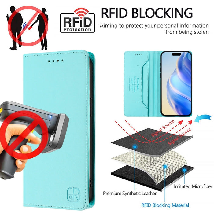 Estuche para teléfono de cuero con doble pliegue y succión magnética y RFID RC01, For iPhone 15, For iPhone 14 Plus, For iPhone 14 / 13, For iPhone 14 Pro, For iPhone 14 Pro Max, For iPhone 7 / 8 / SE 2022, For iPhone 13 Pro Max, For iPhone 13 Pro     ...