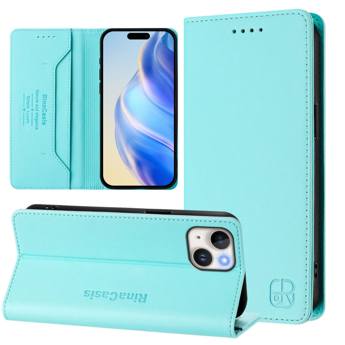 Estuche para teléfono de cuero con doble pliegue y succión magnética y RFID RC01, For iPhone 15, For iPhone 14 Plus, For iPhone 14 / 13, For iPhone 14 Pro, For iPhone 14 Pro Max, For iPhone 7 / 8 / SE 2022, For iPhone 13 Pro Max, For iPhone 13 Pro     ...