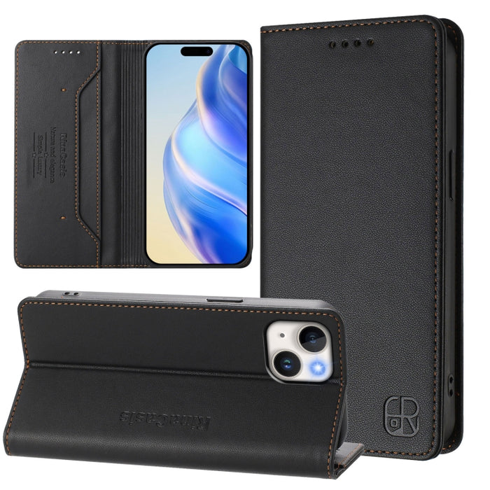 Estuche para teléfono de cuero con doble pliegue y succión magnética y RFID RC01, For iPhone 15, For iPhone 14 Plus, For iPhone 14 / 13, For iPhone 14 Pro, For iPhone 14 Pro Max, For iPhone 7 / 8 / SE 2022, For iPhone 13 Pro Max, For iPhone 13 Pro     ...