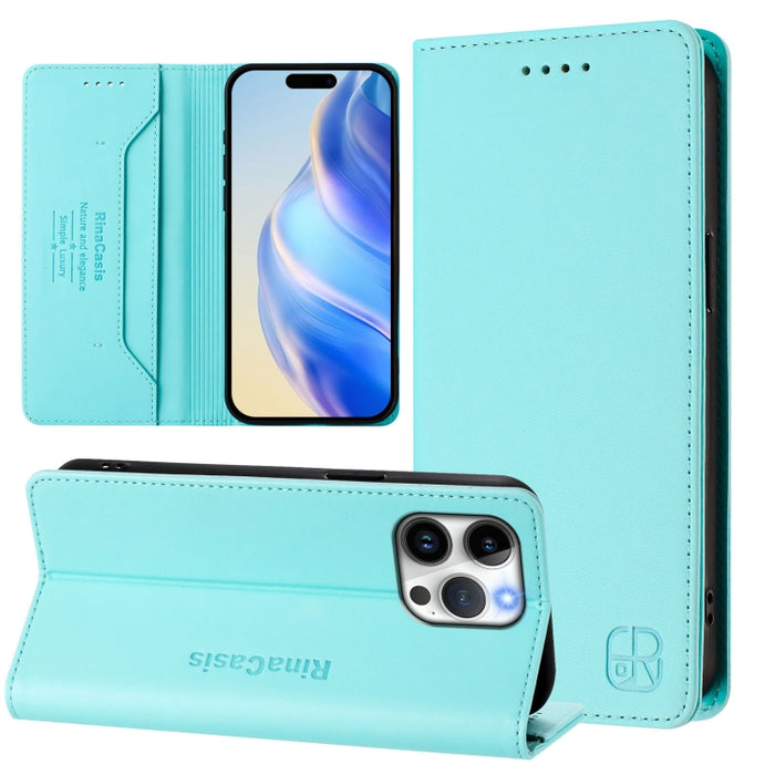 Estuche para teléfono de cuero con doble pliegue y succión magnética y RFID RC01, For iPhone 15, For iPhone 14 Plus, For iPhone 14 / 13, For iPhone 14 Pro, For iPhone 14 Pro Max, For iPhone 7 / 8 / SE 2022, For iPhone 13 Pro Max, For iPhone 13 Pro     ...