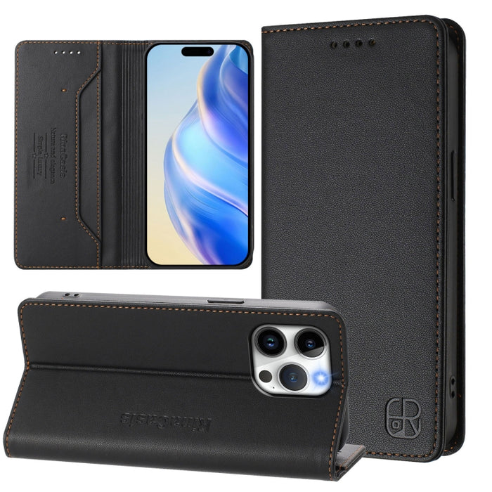 Estuche para teléfono de cuero con doble pliegue y succión magnética y RFID RC01, For iPhone 15, For iPhone 14 Plus, For iPhone 14 / 13, For iPhone 14 Pro, For iPhone 14 Pro Max, For iPhone 7 / 8 / SE 2022, For iPhone 13 Pro Max, For iPhone 13 Pro     ...