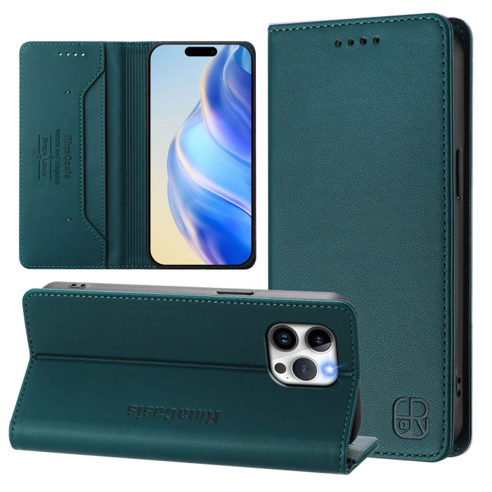 Estuche para teléfono de cuero con doble pliegue y succión magnética y RFID RC01, For iPhone 15, For iPhone 14 Plus, For iPhone 14 / 13, For iPhone 14 Pro, For iPhone 14 Pro Max, For iPhone 7 / 8 / SE 2022, For iPhone 13 Pro Max, For iPhone 13 Pro     ...