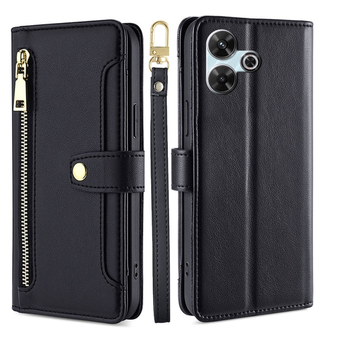 Funda de cuero para teléfono con cremallera y diseño cruzado con textura de oveja, For Redmi Note 14 Pro 5G, For Redmi 14C 4G, For Redmi 13 4G