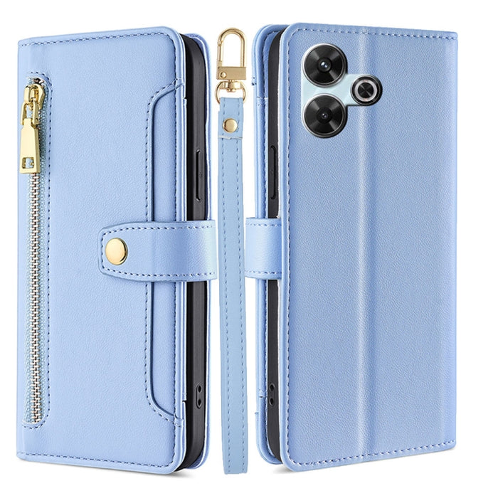 Funda de cuero para teléfono con cremallera y diseño cruzado con textura de oveja, For Redmi Note 14 Pro 5G, For Redmi 14C 4G, For Redmi 13 4G