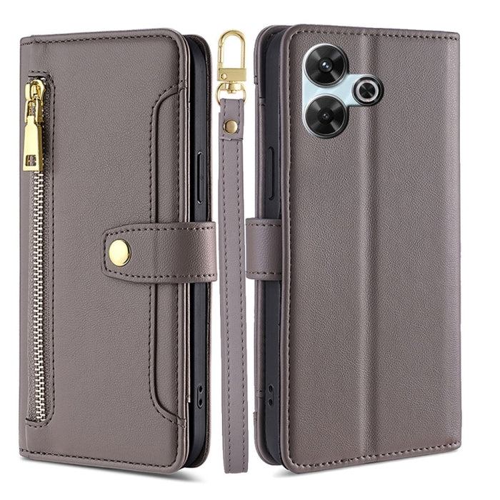 Funda de cuero para teléfono con cremallera y diseño cruzado con textura de oveja, For Redmi Note 14 Pro 5G, For Redmi 14C 4G, For Redmi 13 4G