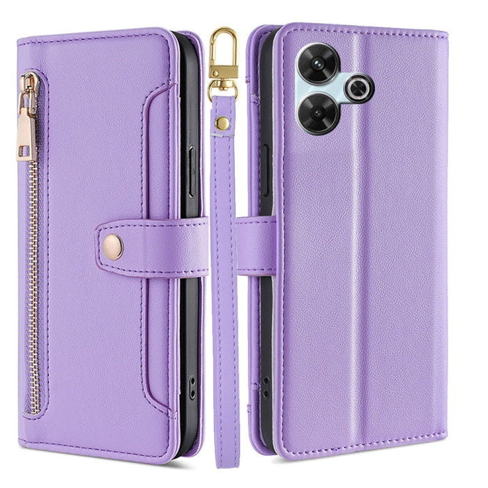 Funda de cuero para teléfono con cremallera y diseño cruzado con textura de oveja, For Redmi Note 14 Pro 5G, For Redmi 14C 4G, For Redmi 13 4G