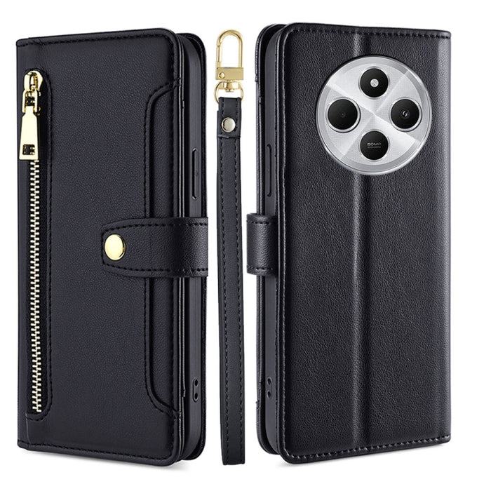 Funda de cuero para teléfono con cremallera y diseño cruzado con textura de oveja, For Redmi Note 14 Pro 5G, For Redmi 14C 4G, For Redmi 13 4G