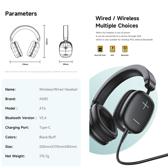 Auriculares estéreo inalámbricos Bluetooth V5.4 de alta fidelidad awei AT6