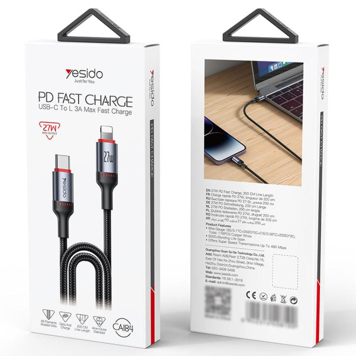 Cable de datos de carga Yesido CA184 PD27W 3A USB-C/Tipo-C a 8 pines, longitud: 2 m, CA184