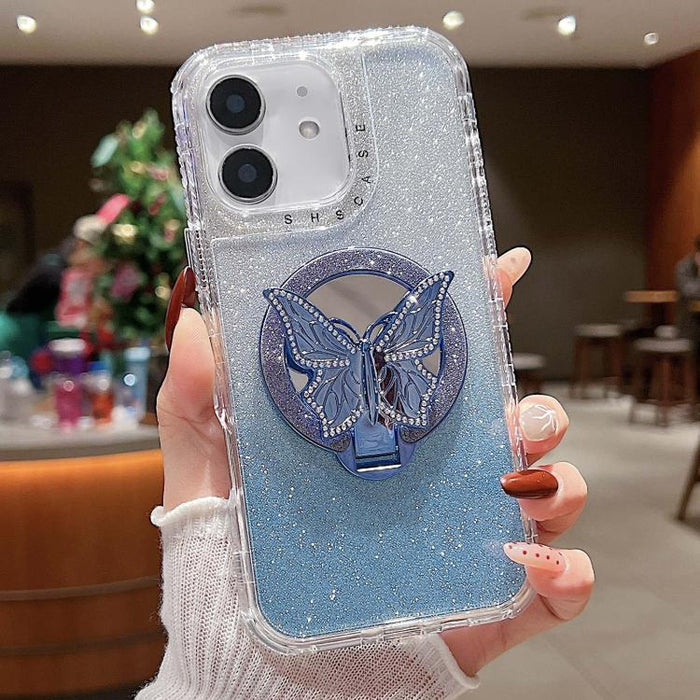 Estuche para teléfono MagSafe con purpurina y soporte de mariposa con espejo, For iPhone 11