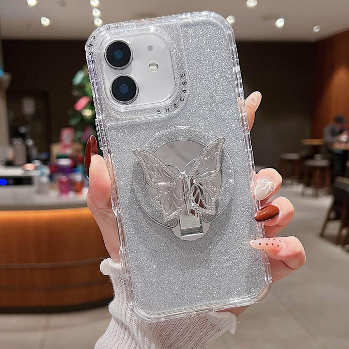 Estuche para teléfono MagSafe con purpurina y soporte de mariposa con espejo, For iPhone 11