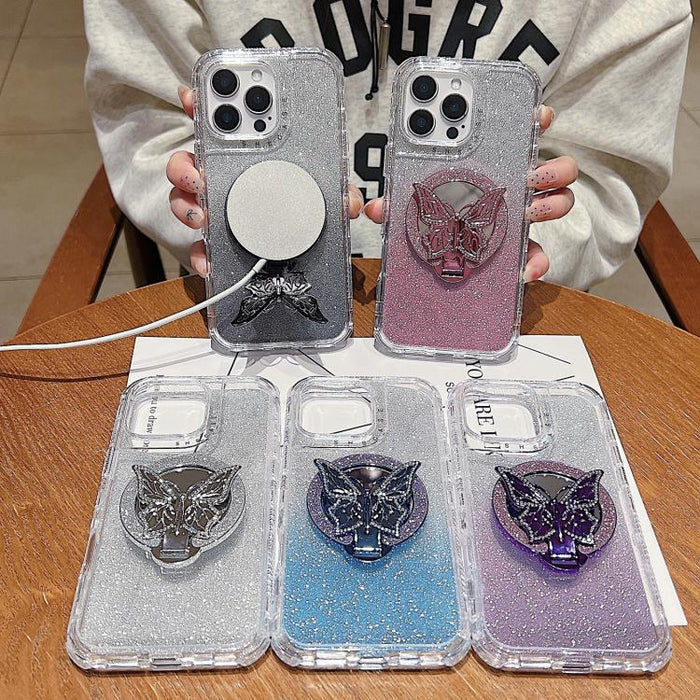 Estuche para teléfono MagSafe con purpurina y soporte de mariposa con espejo, For iPhone 11
