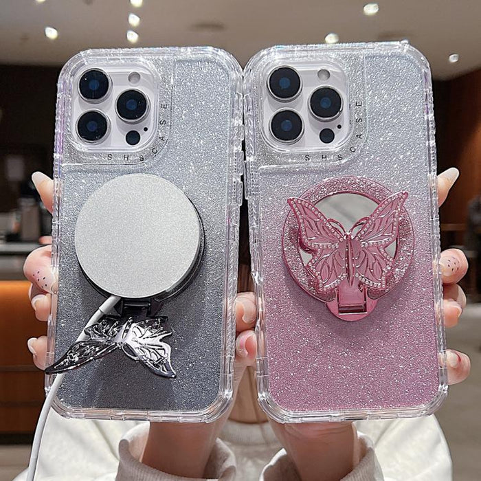 Estuche para teléfono MagSafe con purpurina y soporte de mariposa con espejo, For iPhone 11