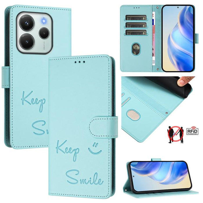 Funda de cuero RFID para teléfono con relieve de sonrisa, For Redmi 15 5G Global / 15 4G SEA 169.5mm, For Xiaomi 15T Pro 5G, For Xiaomi 15T 5G, For Redmi Note 14 4G 164.84mm EU Version