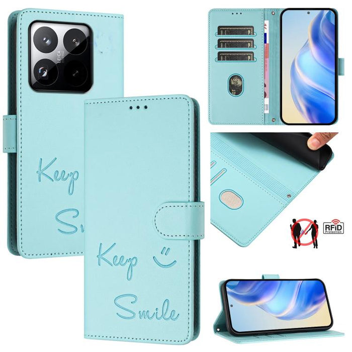 Funda de cuero RFID para teléfono con relieve de sonrisa, For Redmi 15 5G Global / 15 4G SEA 169.5mm, For Xiaomi 15T Pro 5G, For Xiaomi 15T 5G, For Redmi Note 14 4G 164.84mm EU Version