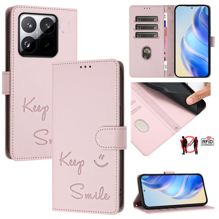 Funda de cuero RFID para teléfono con relieve de sonrisa, For Redmi 15 5G Global / 15 4G SEA 169.5mm, For Xiaomi 15T Pro 5G, For Xiaomi 15T 5G, For Redmi Note 14 4G 164.84mm EU Version