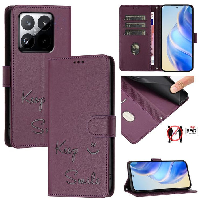 Funda de cuero RFID para teléfono con relieve de sonrisa, For Redmi 15 5G Global / 15 4G SEA 169.5mm, For Xiaomi 15T Pro 5G, For Xiaomi 15T 5G, For Redmi Note 14 4G 164.84mm EU Version