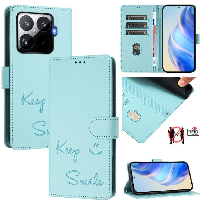 Funda de cuero RFID para teléfono con relieve de sonrisa, For Redmi 15 5G Global / 15 4G SEA 169.5mm, For Xiaomi 15T Pro 5G, For Xiaomi 15T 5G, For Redmi Note 14 4G 164.84mm EU Version