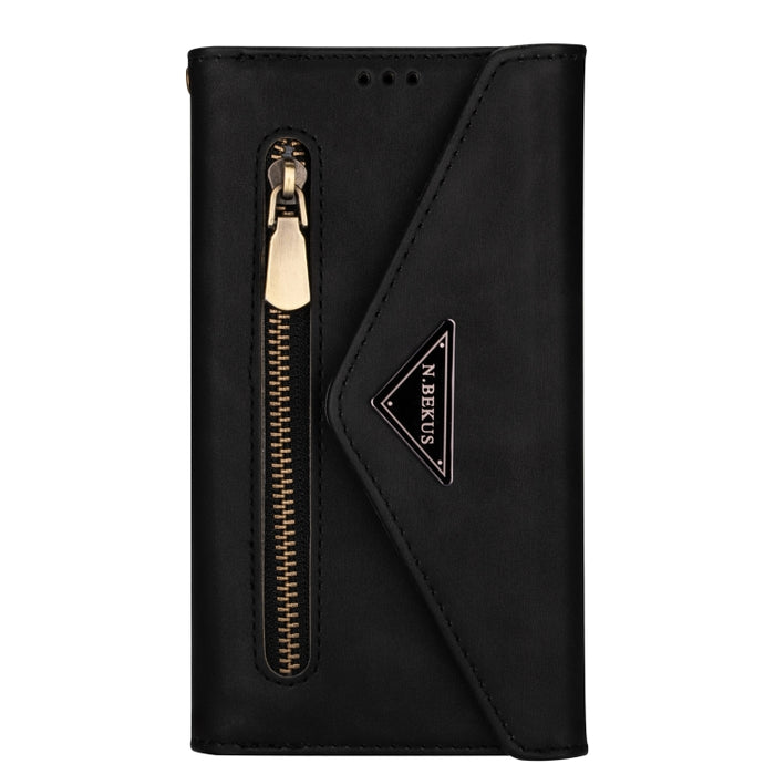 Estuche de cuero con tapa horizontal y cremallera con sensación de piel con soporte y ranuras para tarjetas y marco de fotos y cordón y cuerda larga