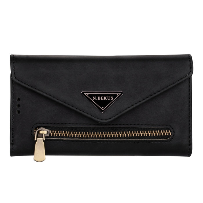Estuche de cuero con tapa horizontal y cremallera con sensación de piel con soporte y ranuras para tarjetas y marco de fotos y cordón y cuerda larga