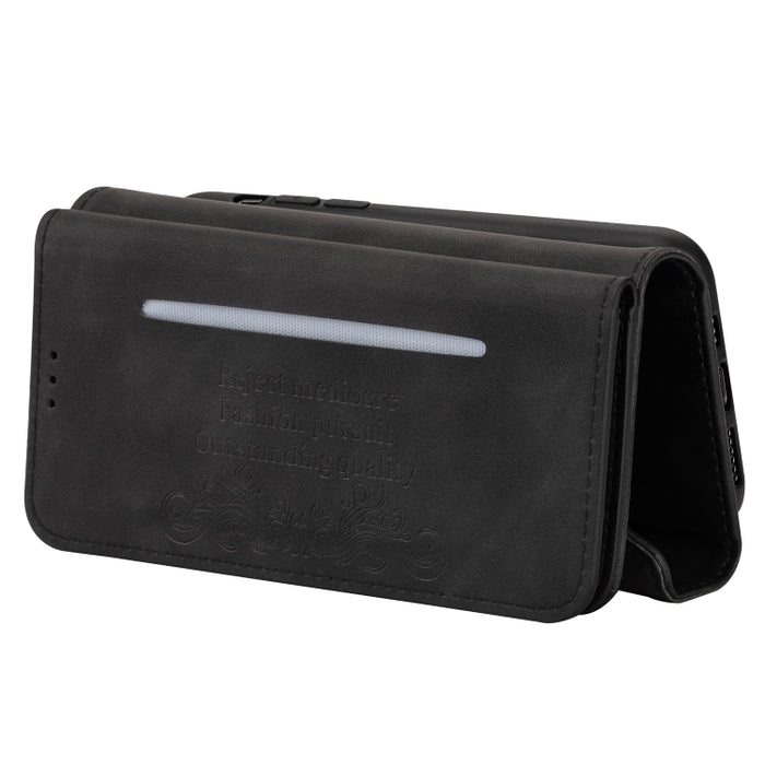 Estuche de cuero con tapa horizontal y cremallera con sensación de piel con soporte y ranuras para tarjetas y marco de fotos y cordón y cuerda larga