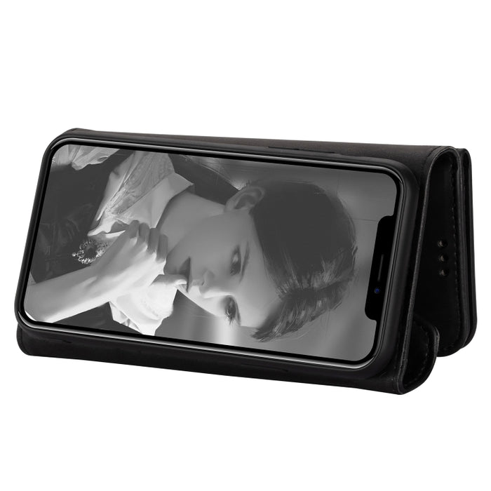 Estuche de cuero con tapa horizontal y cremallera con sensación de piel con soporte y ranuras para tarjetas y marco de fotos y cordón y cuerda larga
