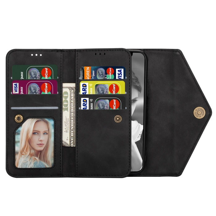 Estuche de cuero con tapa horizontal y cremallera con sensación de piel con soporte y ranuras para tarjetas y marco de fotos y cordón y cuerda larga
