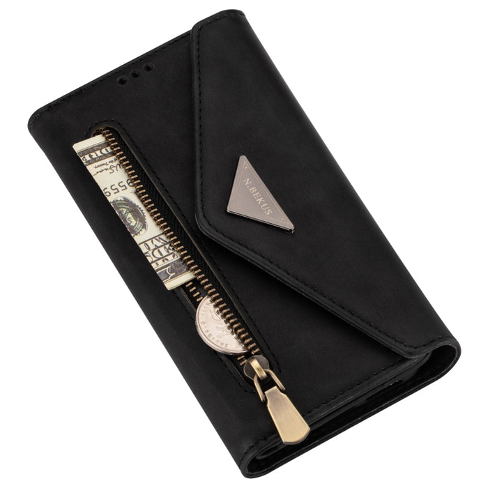 Estuche de cuero con tapa horizontal y cremallera con sensación de piel con soporte y ranuras para tarjetas y marco de fotos y cordón y cuerda larga